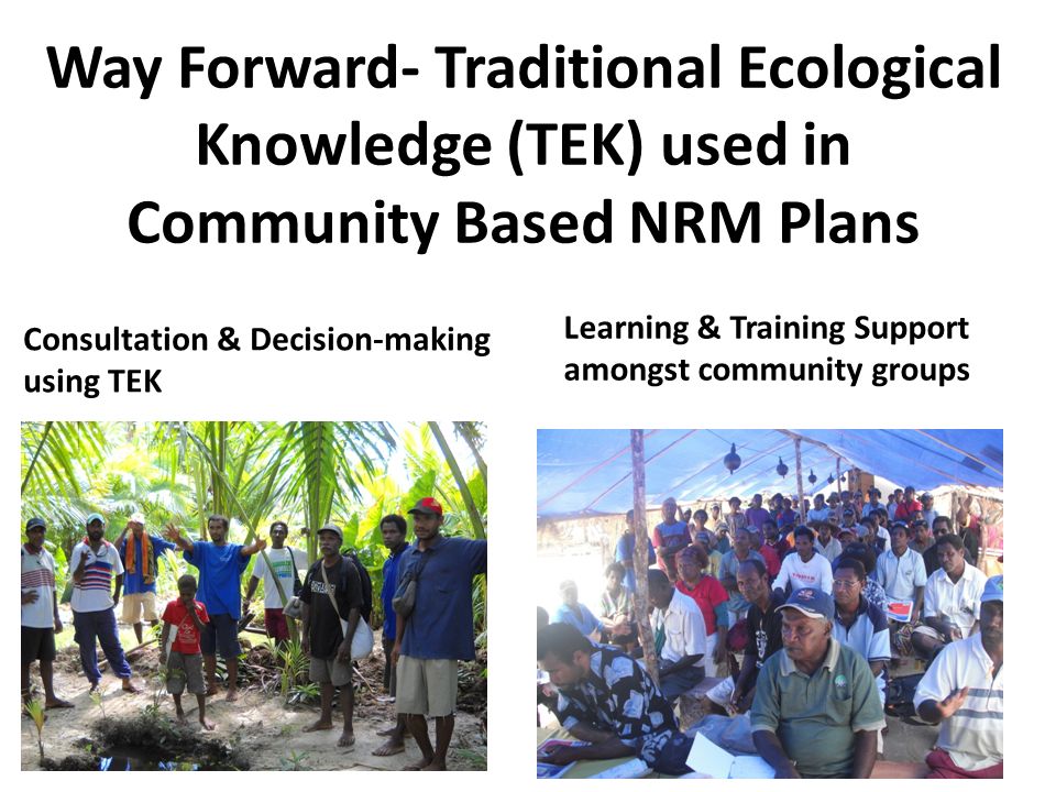 Way Forward- Traditional Ecological Knowledge (TEK) used in Community Based NRM Plans Consultation & Decision-making using TEK Learning & Training Support amongst community groups