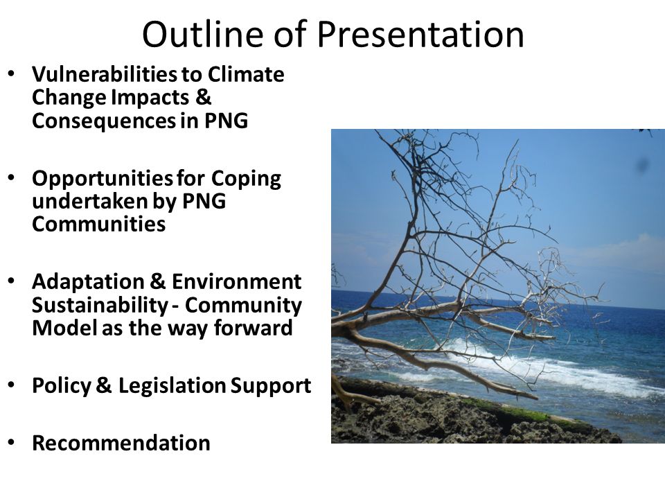 Outline of Presentation Vulnerabilities to Climate Change Impacts & Consequences in PNG Opportunities for Coping undertaken by PNG Communities Adaptation & Environment Sustainability - Community Model as the way forward Policy & Legislation Support Recommendation