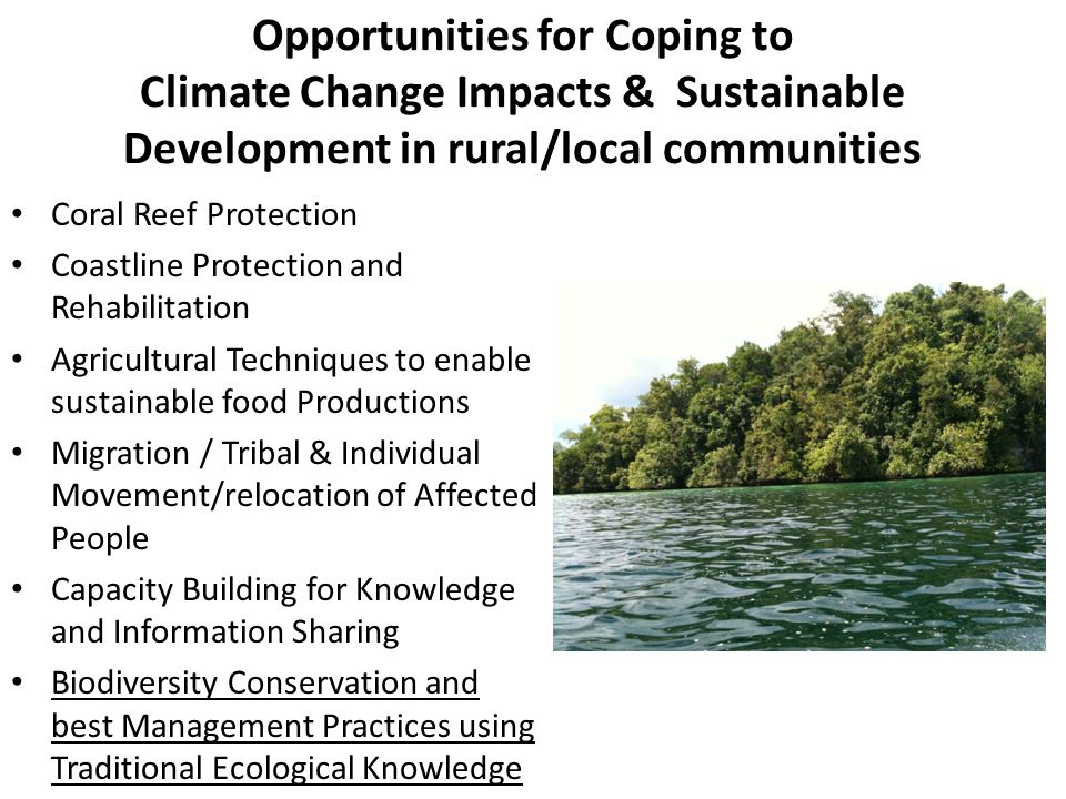 Opportunities for Coping to Climate Change Impacts & Sustainable Development in rural/local communities Coral Reef Protection Coastline Protection and Rehabilitation Agricultural Techniques to enable sustainable food Productions Migration / Tribal & Individual Movement/relocation of Affected People Capacity Building for Knowledge and Information Sharing Biodiversity Conservation and best Management Practices using Traditional Ecological Knowledge