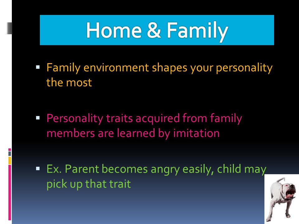  Family environment shapes your personality the most  Personality traits acquired from family members are learned by imitation  Ex.
