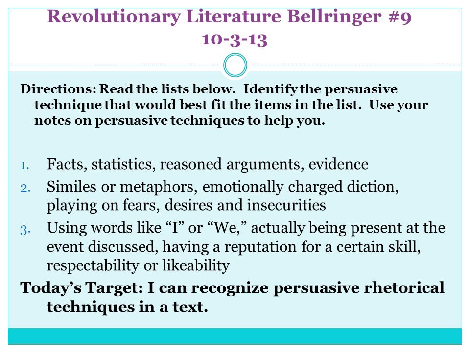 Revolutionary Literature Bellringer # Directions: Read the lists below.