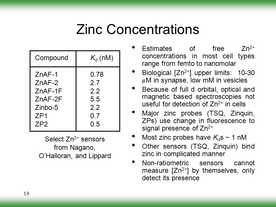 19 Zinc Concentrations Estimates of free Zn 2+ concentrations in most cell types range from femto to nanomolar Biological [Zn 2+ ] upper limits:  M in synapse, low mM in vesicles Because of full d orbital, optical and magnetic based spectroscopies not useful for detection of Zn 2+ in cells Major zinc probes (TSQ, Zinquin, ZPs) use change in fluorescence to signal presence of Zn 2+ Most zinc probes have K d s ~ 1 nM Other sensors (TSQ, Zinquin) bind zinc in complicated manner Non-ratiometric sensors cannot measure [Zn 2+ ] by themselves, only detect its presence CompoundK d (nM) ZnAF ZnAF-22.7 ZnAF-1F2.2 ZnAF-2F5.5 Zinbo-52.2 ZP10.7 ZP20.5 Select Zn 2+ sensors from Nagano, O’Halloran, and Lippard