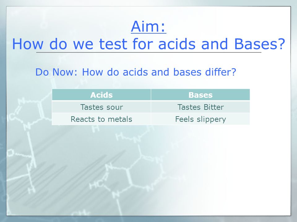 Aim: How do we test for acids and Bases. Do Now: How do acids and bases differ.