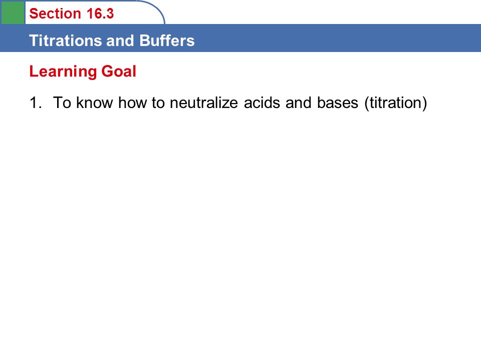 Section 16.3 Titrations and Buffers 1.To know how to neutralize acids and bases (titration) Learning Goal
