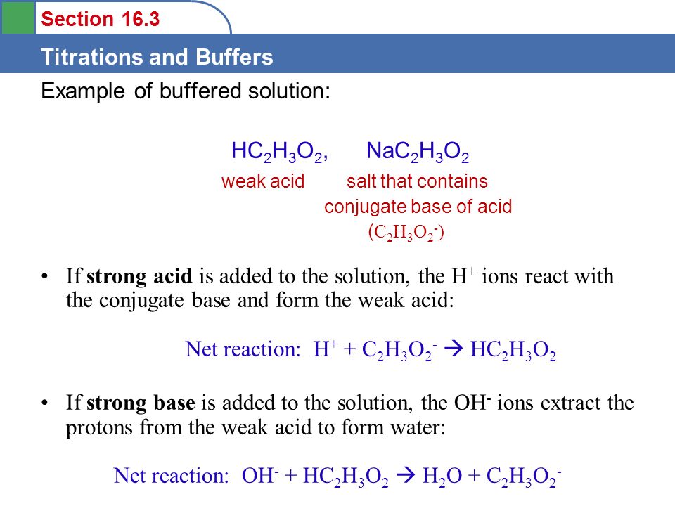 Section 16.3 Titrations and Buffers Example of buffered solution: HC 2 H 3 O 2, NaC 2 H 3 O 2 weak acid salt that contains conjugate base of acid ( C 2 H 3 O 2 - ) If strong acid is added to the solution, the H + ions react with the conjugate base and form the weak acid: Net reaction: H + + C 2 H 3 O 2 -  HC 2 H 3 O 2 If strong base is added to the solution, the OH - ions extract the protons from the weak acid to form water: Net reaction: OH - + HC 2 H 3 O 2  H 2 O + C 2 H 3 O 2 -