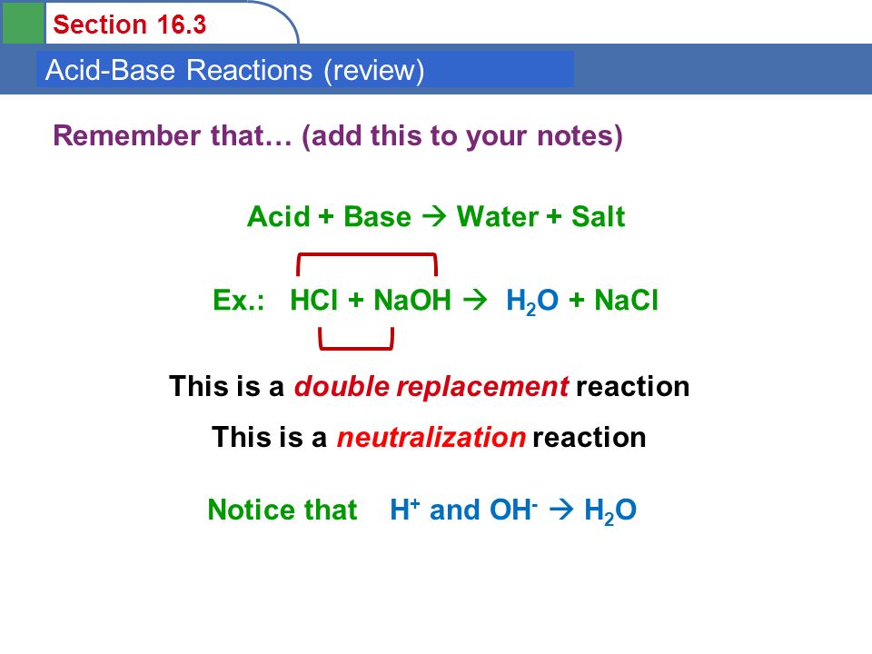 Section 16.3 Titrations and Buffers Remember that… (add this to your notes) Acid + Base  Water + Salt Ex.: HCl + NaOH  H 2 O + NaCl Acid-Base Reactions (review) This is a double replacement reaction Notice that H + and OH -  H 2 O This is a neutralization reaction