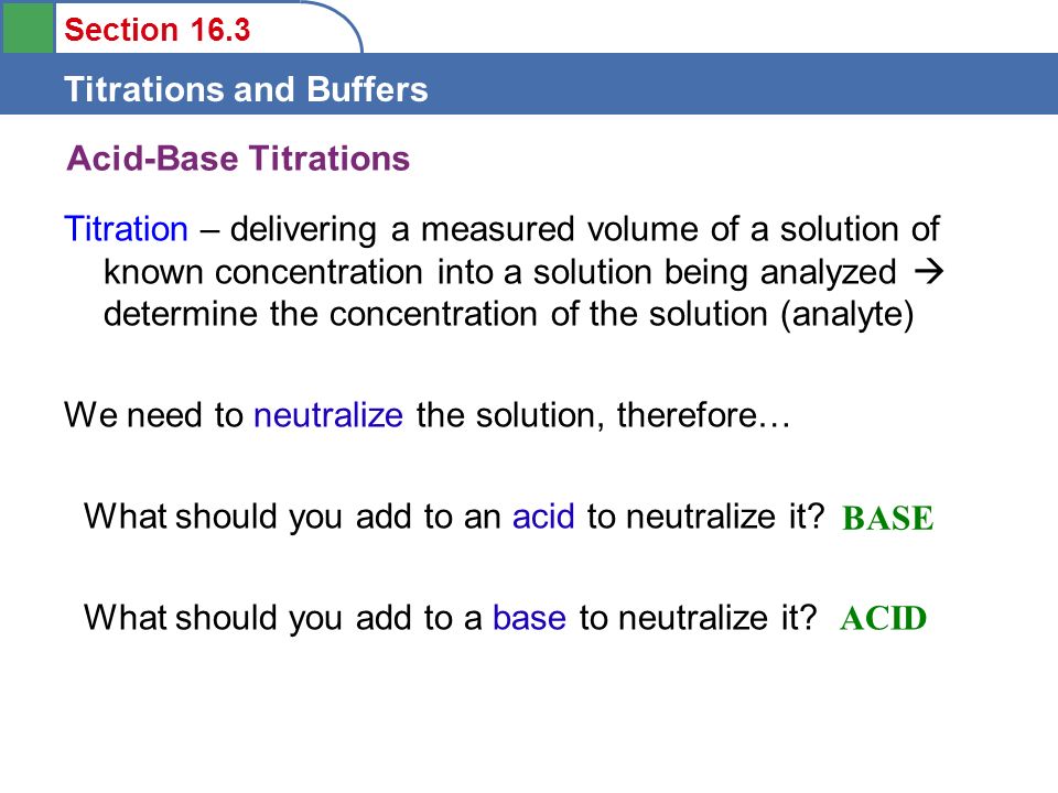 Section 16.3 Titrations and Buffers Acid-Base Titrations Titration – delivering a measured volume of a solution of known concentration into a solution being analyzed  determine the concentration of the solution (analyte) We need to neutralize the solution, therefore… What should you add to an acid to neutralize it.