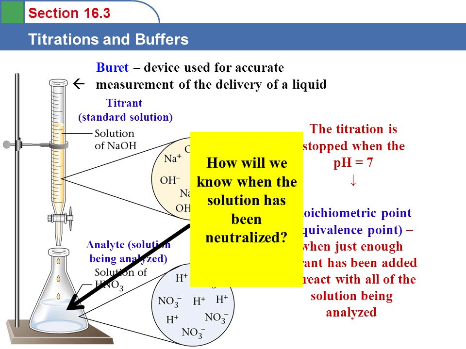 Section 16.3 Titrations and Buffers Titrant (standard solution) Analyte (solution being analyzed) The titration is stopped when the pH = 7 ↓ Buret – device used for accurate  measurement of the delivery of a liquid Stoichiometric point (equivalence point) – when just enough titrant has been added to react with all of the solution being analyzed A pH indicator is added to the analyte so the color changes when the pH reaches 7 (or a pH meter could be used) How will we know when the solution has been neutralized