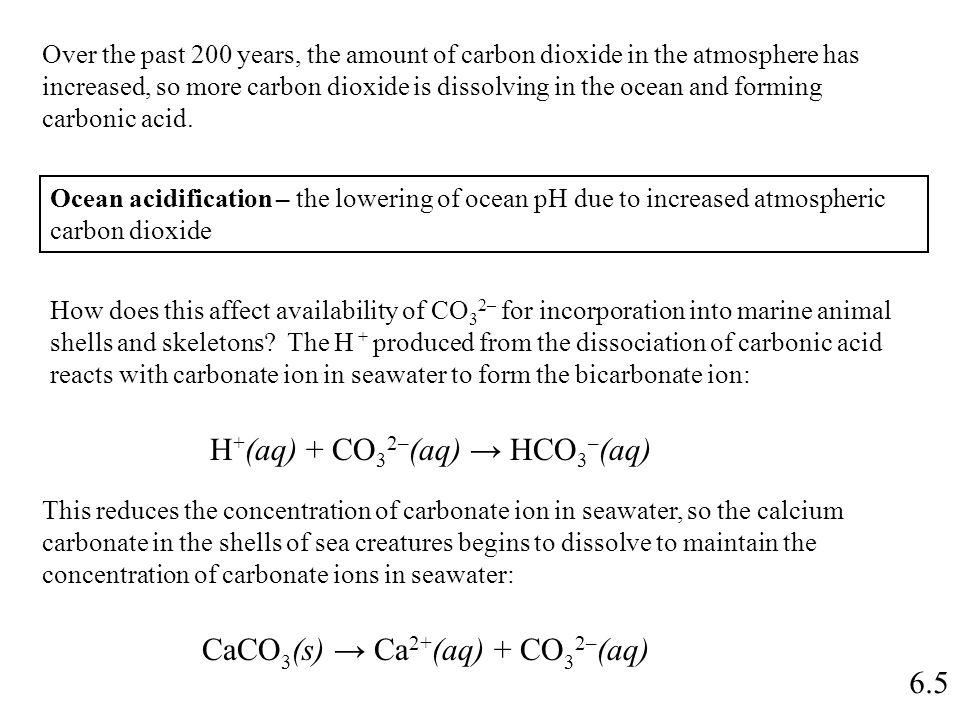 6.5 Over the past 200 years, the amount of carbon dioxide in the atmosphere has increased, so more carbon dioxide is dissolving in the ocean and forming carbonic acid.