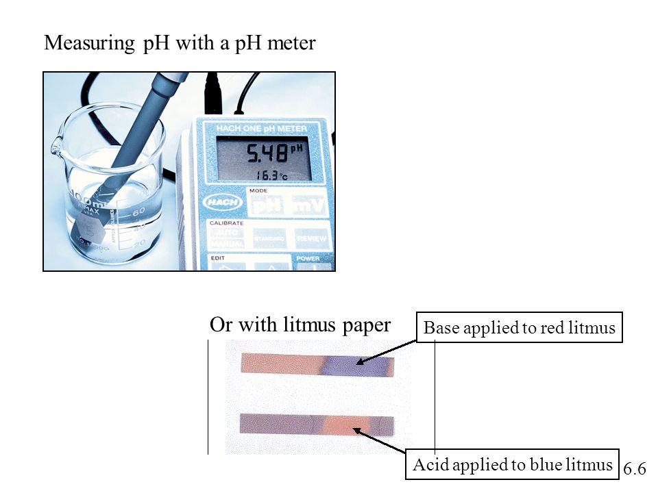 6.6 Measuring pH with a pH meter Or with litmus paper Base applied to red litmus Acid applied to blue litmus