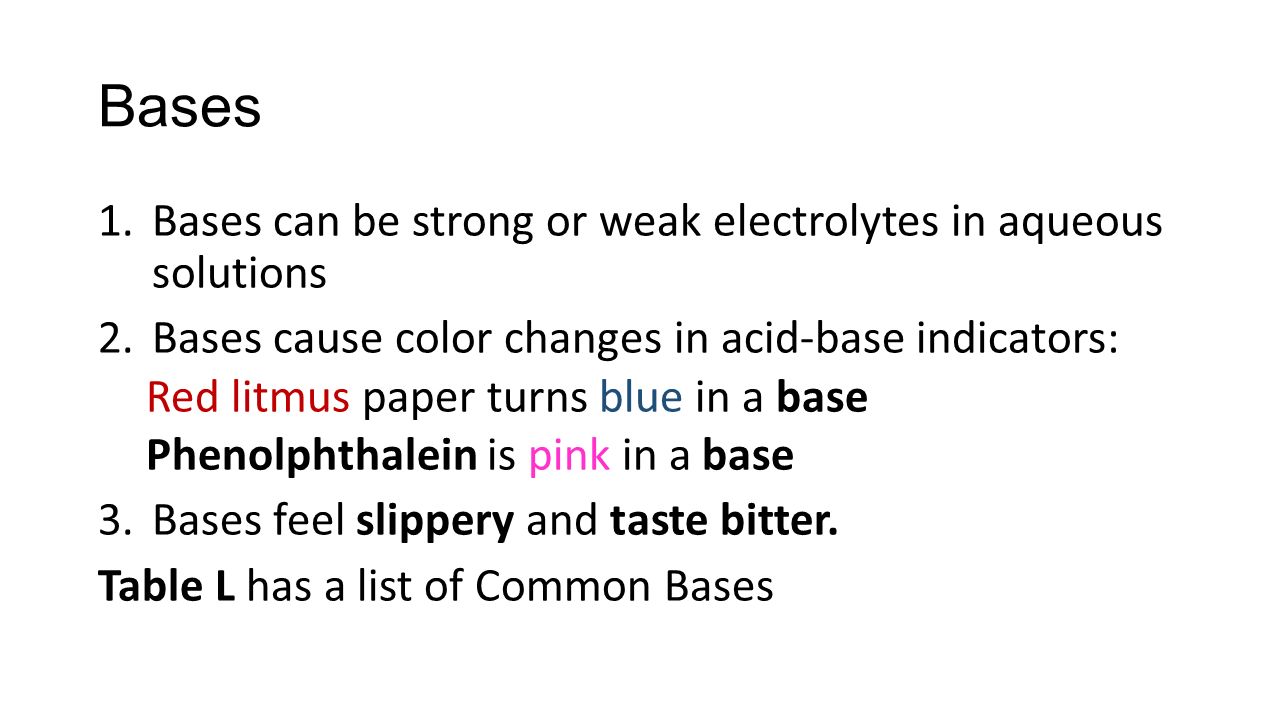 Bases 1.Bases can be strong or weak electrolytes in aqueous solutions 2.Bases cause color changes in acid-base indicators: Red litmus paper turns blue in a base Phenolphthalein is pink in a base 3.Bases feel slippery and taste bitter.