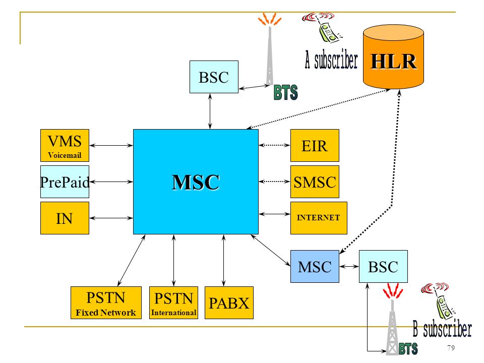 79 BSC HLR MSC MSCBSC PABX PSTN International PSTN Fixed Network IN PrePaid VMS Voic SMSC EIR INTERNET