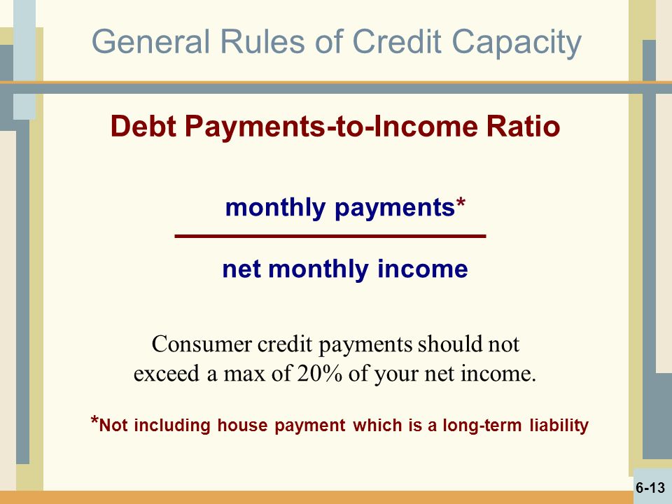 General Rules of Credit Capacity * Not including house payment which is a long-term liability Debt Payments-to-Income Ratio monthly payments* net monthly income 6-13 Consumer credit payments should not exceed a max of 20% of your net income.