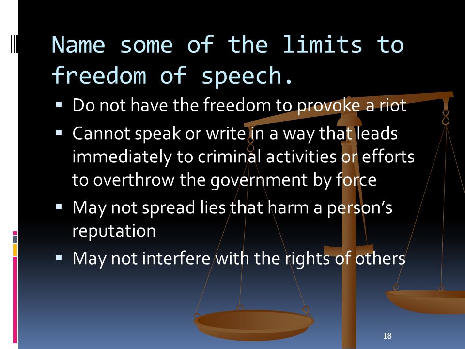 18 Name some of the limits to freedom of speech.