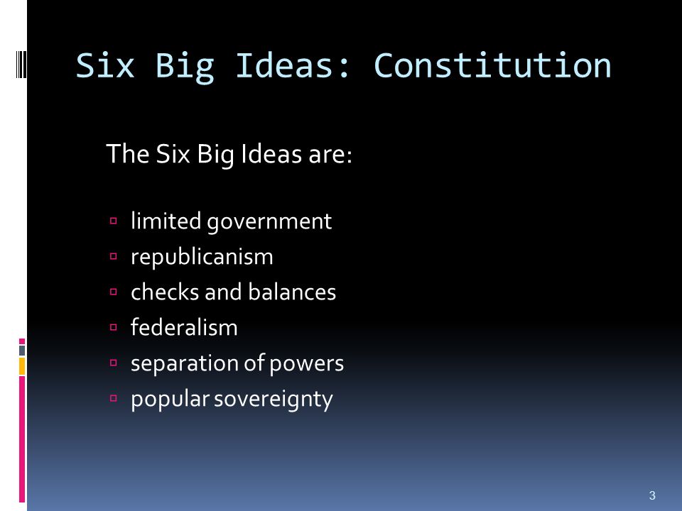 Six Big Ideas: Constitution The Six Big Ideas are:  limited government  republicanism  checks and balances  federalism  separation of powers  popular sovereignty 3