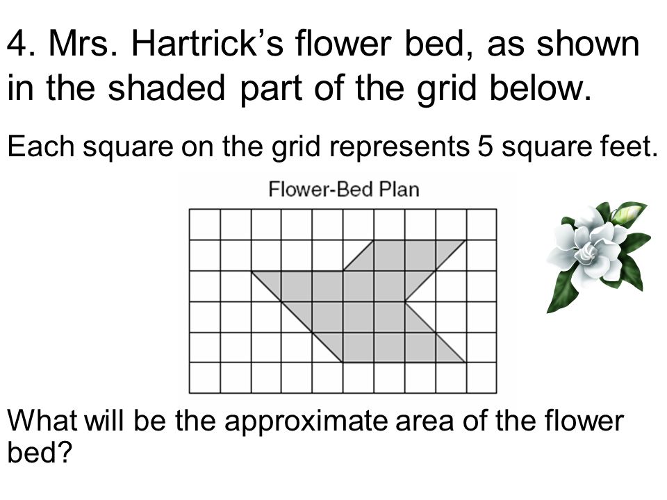 4. Mrs. Hartrick’s flower bed, as shown in the shaded part of the grid below.