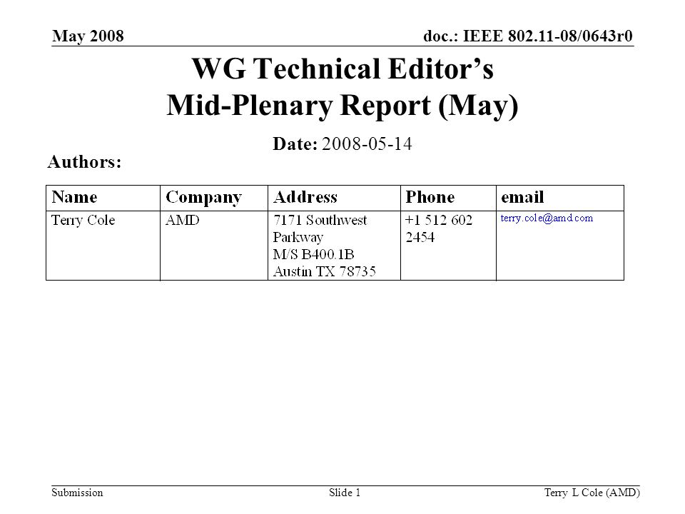 Submission doc.: IEEE /0643r0May 2008 Terry L Cole (AMD)Slide 1 WG Technical Editor’s Mid-Plenary Report (May) Date: Authors: