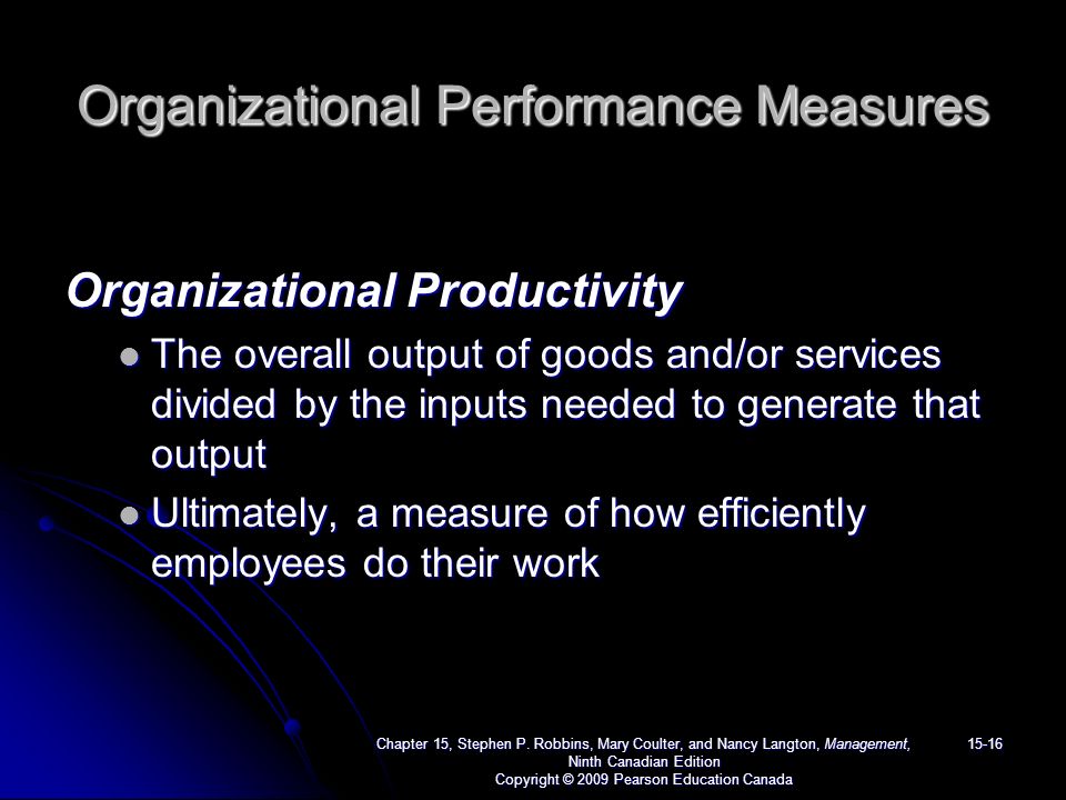 Organizational Performance Measures Organizational Productivity The overall output of goods and/or services divided by the inputs needed to generate that output The overall output of goods and/or services divided by the inputs needed to generate that output Ultimately, a measure of how efficiently employees do their work Ultimately, a measure of how efficiently employees do their work Chapter 15, Stephen P.
