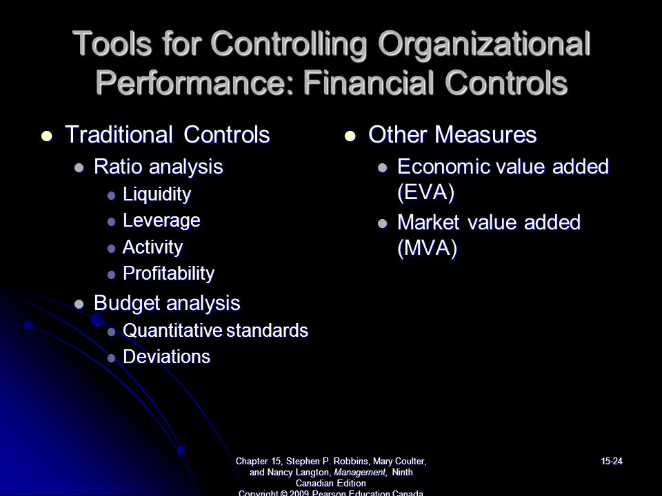 Tools for Controlling Organizational Performance: Financial Controls Traditional Controls Traditional Controls Ratio analysis Ratio analysis Liquidity Liquidity Leverage Leverage Activity Activity Profitability Profitability Budget analysis Budget analysis Quantitative standards Quantitative standards Deviations Deviations Other Measures Other Measures Economic value added (EVA) Market value added (MVA) Chapter 15, Stephen P.