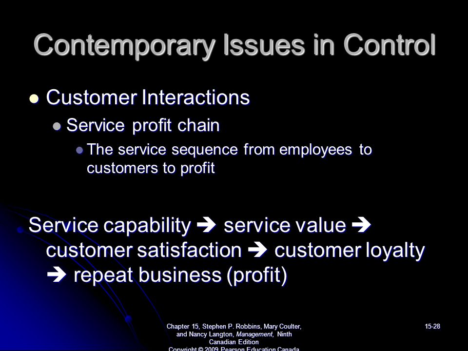 Contemporary Issues in Control Customer Interactions Customer Interactions Service profit chain Service profit chain The service sequence from employees to customers to profit The service sequence from employees to customers to profit Service capability  service value  customer satisfaction  customer loyalty  repeat business (profit) Chapter 15, Stephen P.