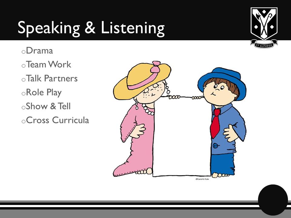 Speaking & Listening o Drama o Team Work o Talk Partners o Role Play o Show & Tell o Cross Curricula