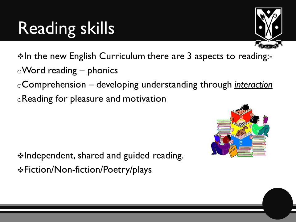 Reading skills  In the new English Curriculum there are 3 aspects to reading:- o Word reading – phonics o Comprehension – developing understanding through interaction o Reading for pleasure and motivation  Independent, shared and guided reading.