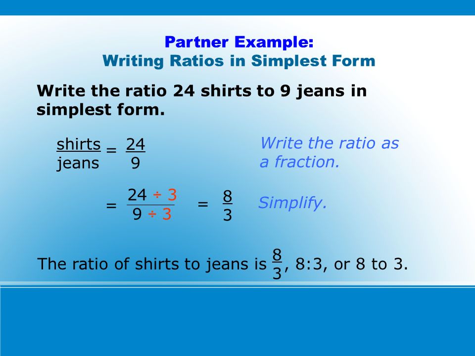 Convert the ratio 6 : 24 is simplest form.