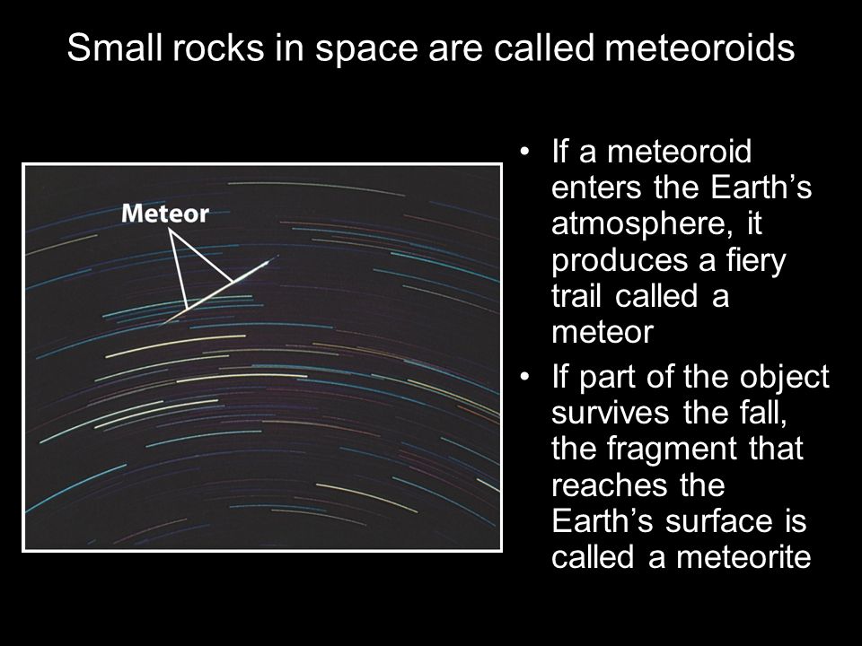 Small rocks in space are called meteoroids If a meteoroid enters the Earth’s atmosphere, it produces a fiery trail called a meteor If part of the object survives the fall, the fragment that reaches the Earth’s surface is called a meteorite