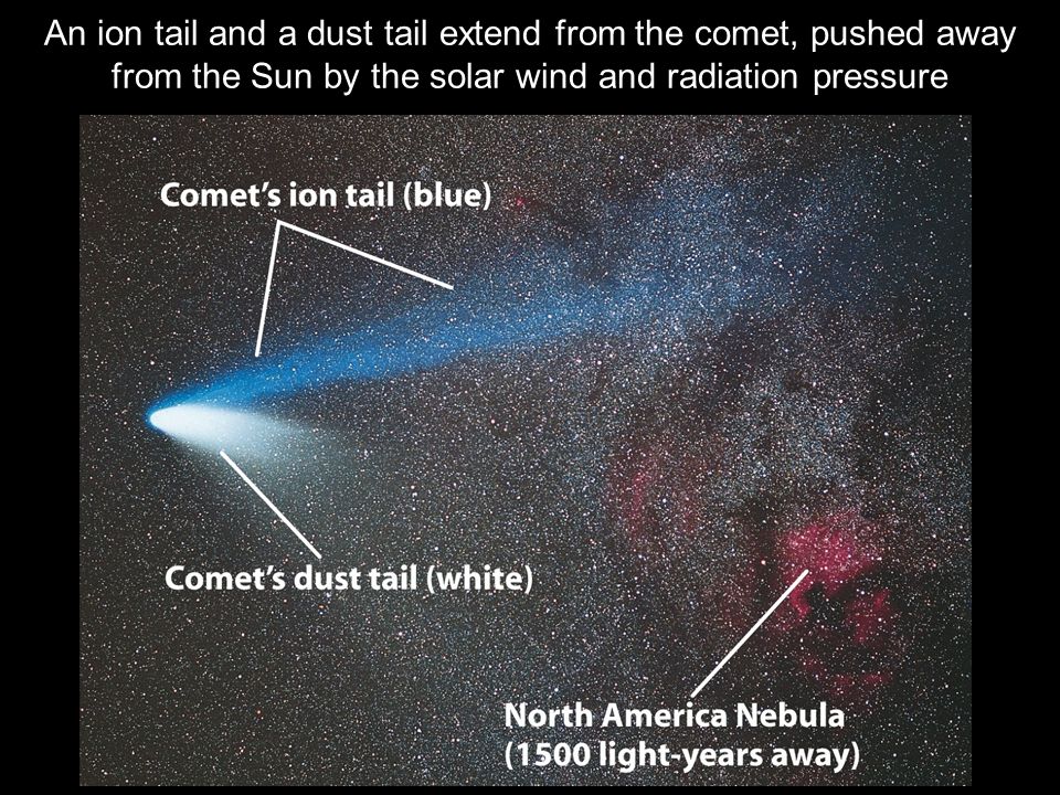 An ion tail and a dust tail extend from the comet, pushed away from the Sun by the solar wind and radiation pressure