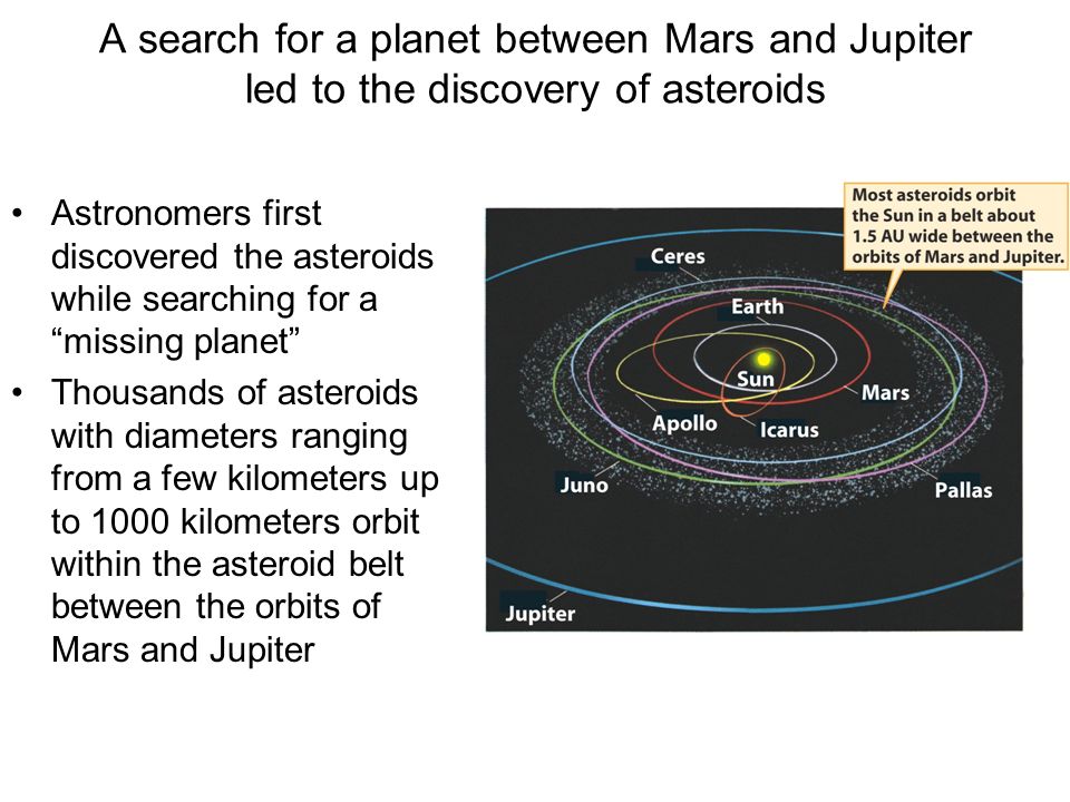 A search for a planet between Mars and Jupiter led to the discovery of asteroids Astronomers first discovered the asteroids while searching for a missing planet Thousands of asteroids with diameters ranging from a few kilometers up to 1000 kilometers orbit within the asteroid belt between the orbits of Mars and Jupiter