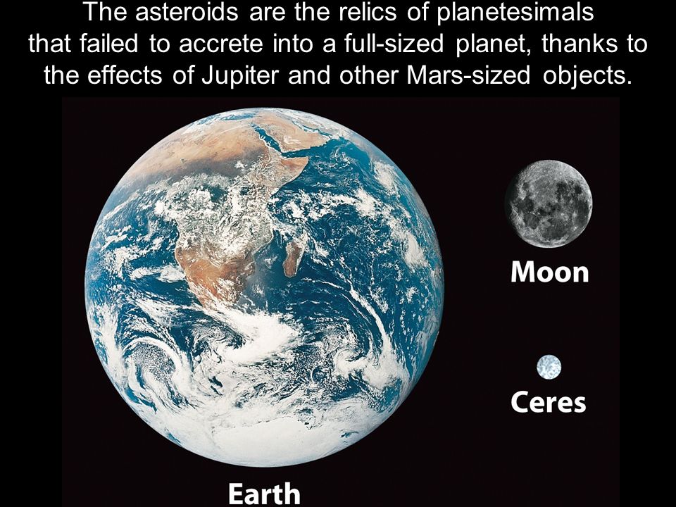 The asteroids are the relics of planetesimals that failed to accrete into a full-sized planet, thanks to the effects of Jupiter and other Mars-sized objects.