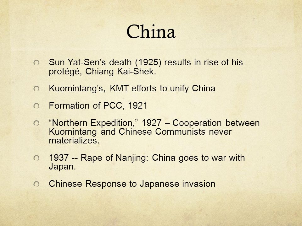 China Sun Yat-Sen’s death (1925) results in rise of his protégé, Chiang Kai-Shek.