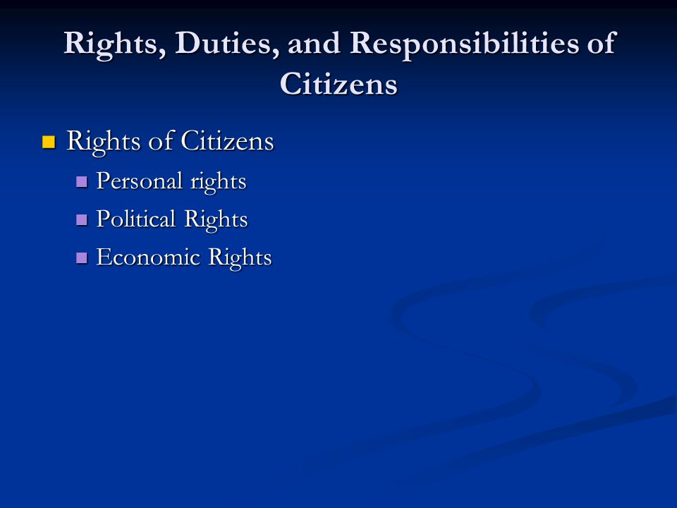 Rights, Duties, and Responsibilities of Citizens Rights of Citizens Rights of Citizens Personal rights Personal rights Political Rights Political Rights Economic Rights Economic Rights