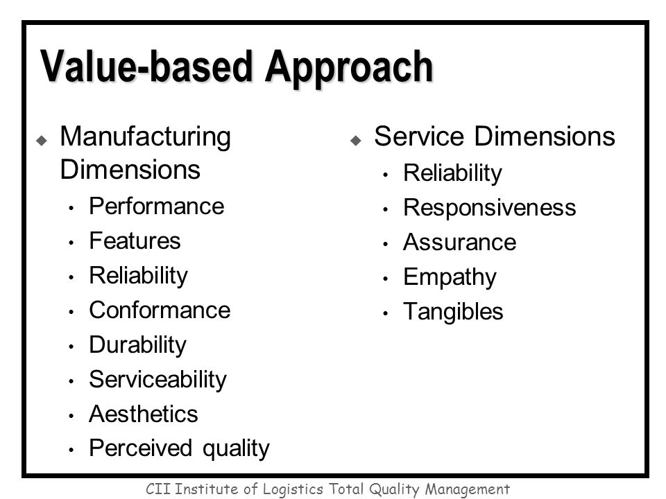 Value-based Approach  Manufacturing Dimensions Performance Features Reliability Conformance Durability Serviceability Aesthetics Perceived quality  Service Dimensions Reliability Responsiveness Assurance Empathy Tangibles CII Institute of Logistics Total Quality Management
