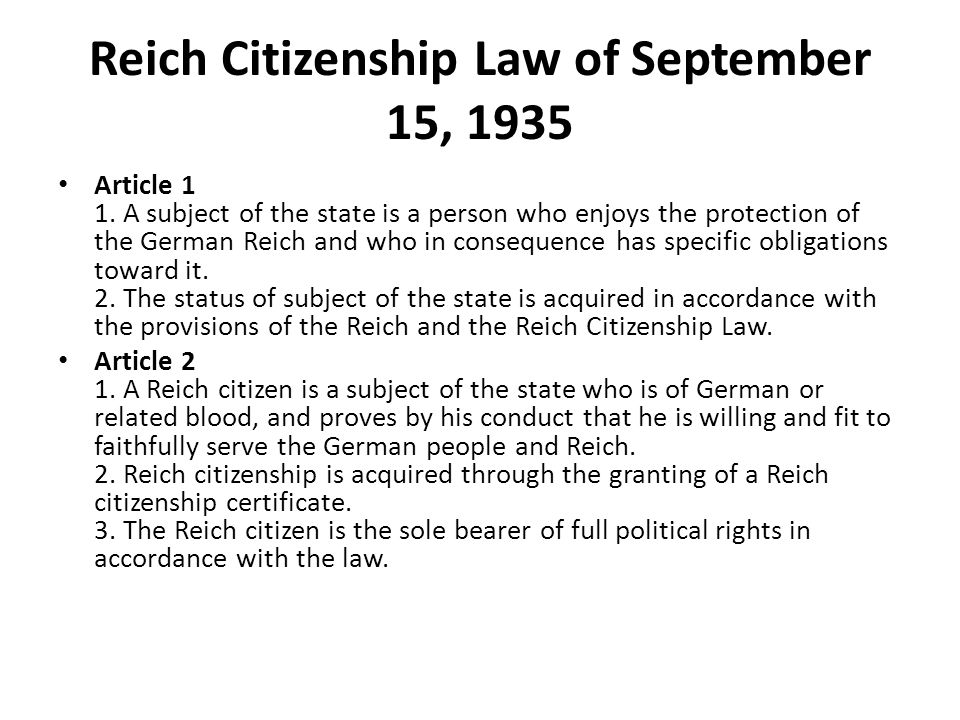 Reich Citizenship Law of September 15, 1935 Article 1 1.