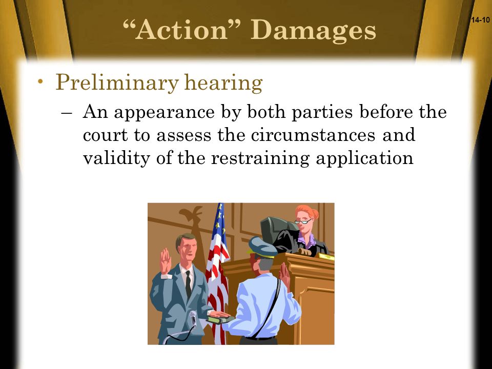 14-10 Preliminary hearing –An appearance by both parties before the court to assess the circumstances and validity of the restraining application Action Damages