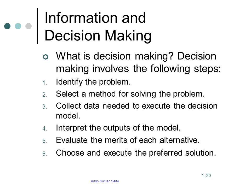 Anup Kumar Saha 1-33 Information and Decision Making What is decision making.