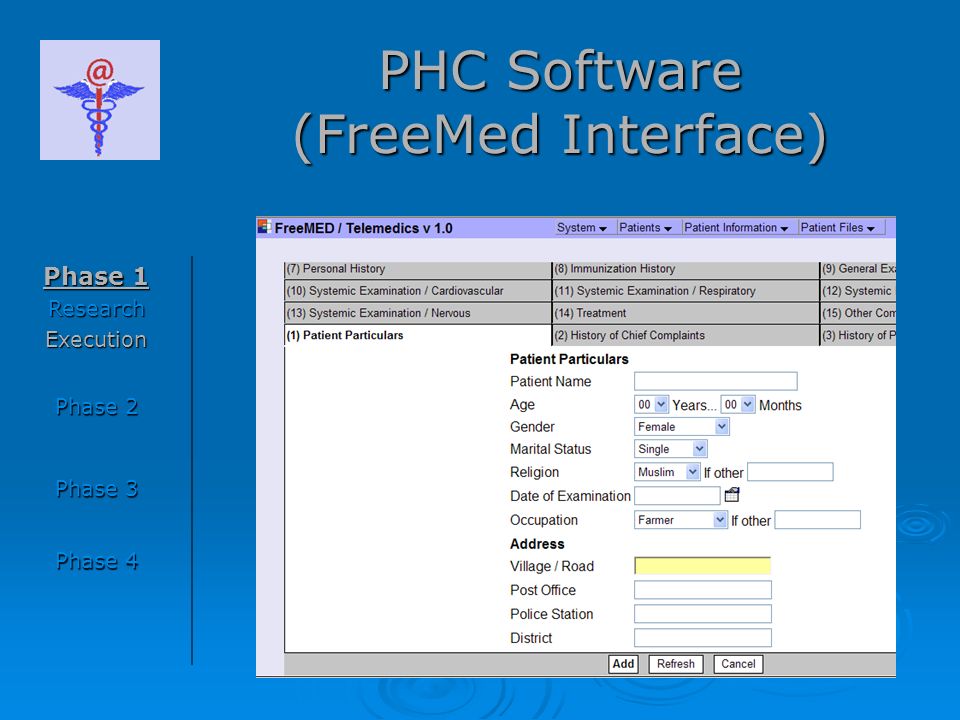 PHC Software (FreeMed Interface) Phase 1 ResearchExecution Phase 2 Phase 3 Phase 4