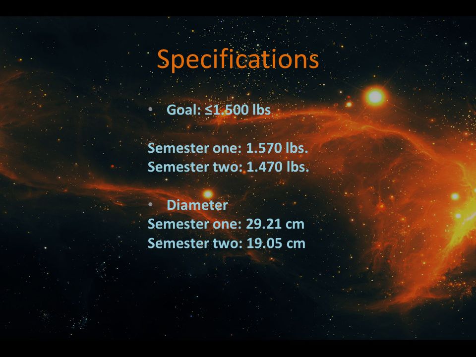Specifications Goal: ≤1.500 lbs Semester one: lbs.