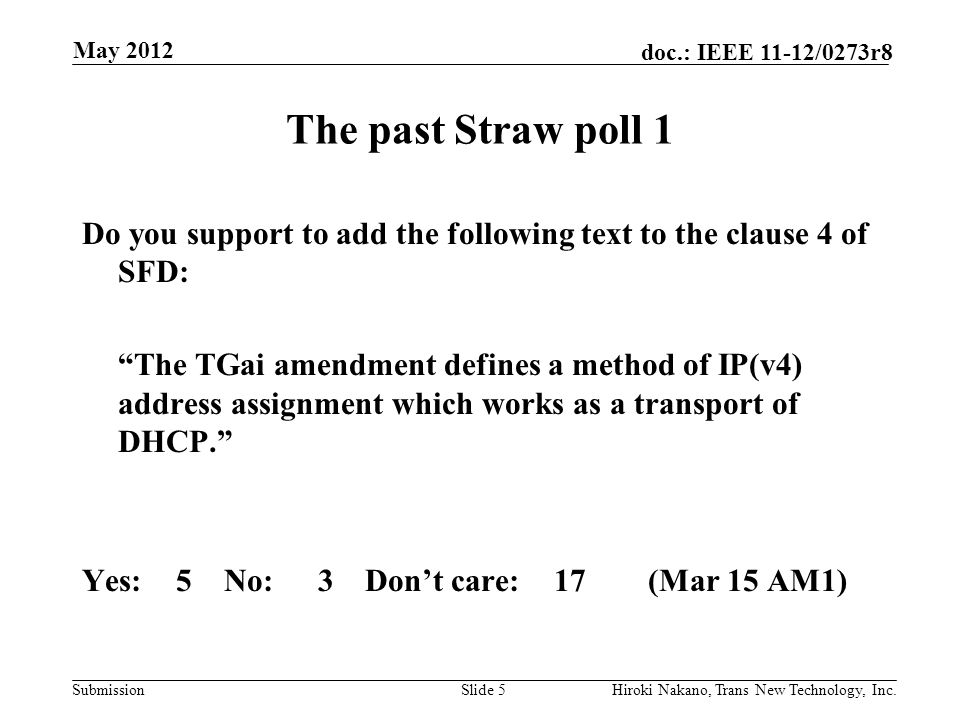Submission doc.: IEEE 11-12/0273r8 May 2012 Hiroki Nakano, Trans New Technology, Inc.Slide 5 The past Straw poll 1 Do you support to add the following text to the clause 4 of SFD: The TGai amendment defines a method of IP(v4) address assignment which works as a transport of DHCP. Yes:5No:3Don’t care:17(Mar 15 AM1)