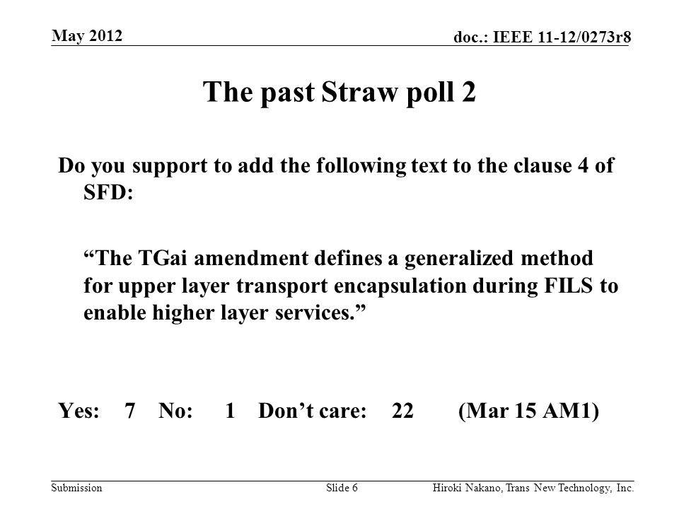 Submission doc.: IEEE 11-12/0273r8 May 2012 Hiroki Nakano, Trans New Technology, Inc.Slide 6 The past Straw poll 2 Do you support to add the following text to the clause 4 of SFD: The TGai amendment defines a generalized method for upper layer transport encapsulation during FILS to enable higher layer services. Yes:7No:1Don’t care:22(Mar 15 AM1)