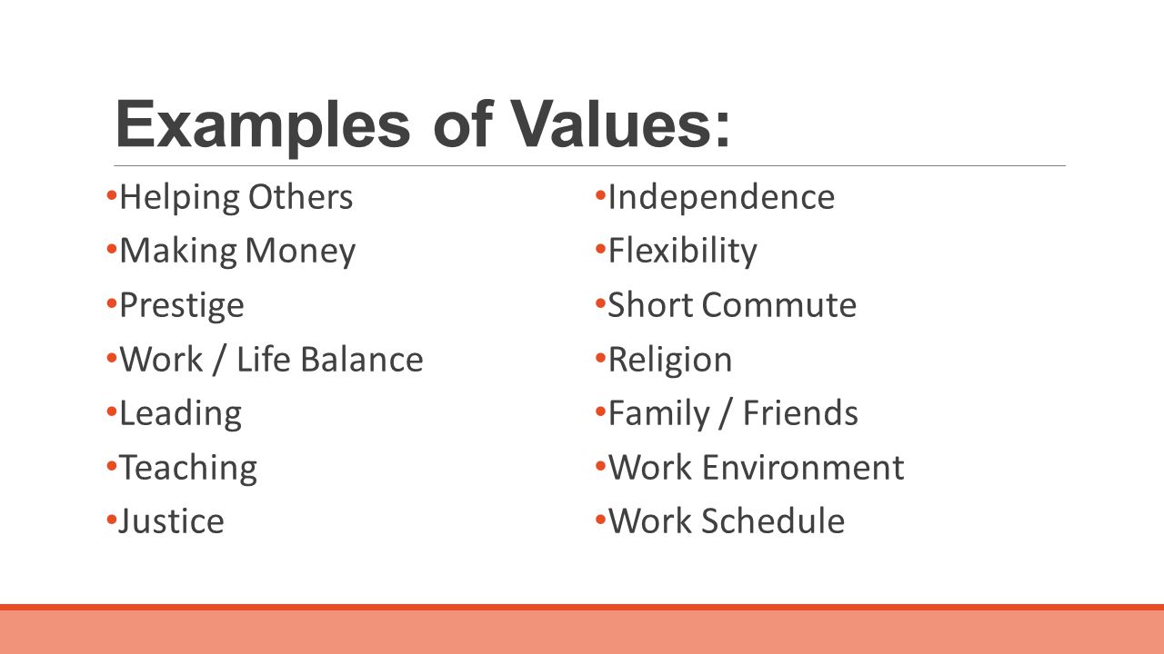 Examples of Values: Helping Others Making Money Prestige Work / Life Balance Leading Teaching Justice Independence Flexibility Short Commute Religion Family / Friends Work Environment Work Schedule