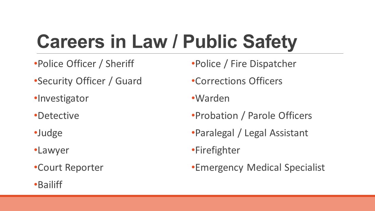Careers in Law / Public Safety Police Officer / Sheriff Security Officer / Guard Investigator Detective Judge Lawyer Court Reporter Bailiff Police / Fire Dispatcher Corrections Officers Warden Probation / Parole Officers Paralegal / Legal Assistant Firefighter Emergency Medical Specialist