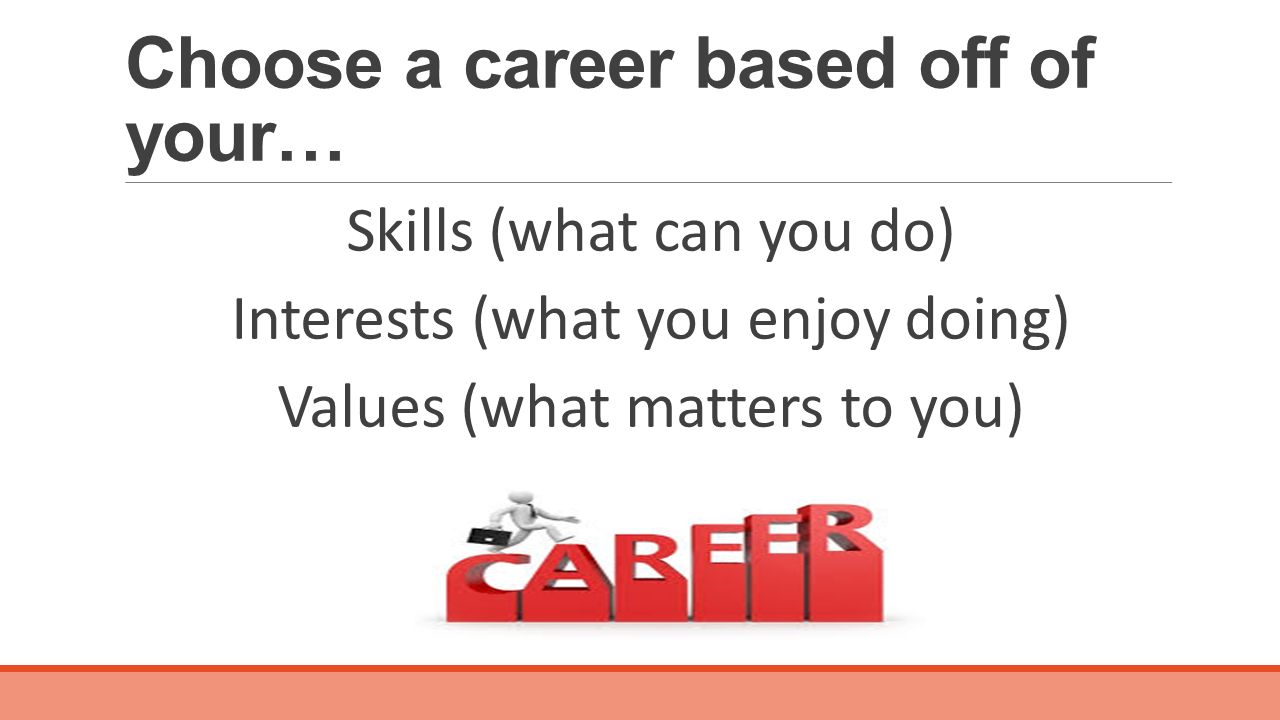 Choose a career based off of your… Skills (what can you do) Interests (what you enjoy doing) Values (what matters to you)