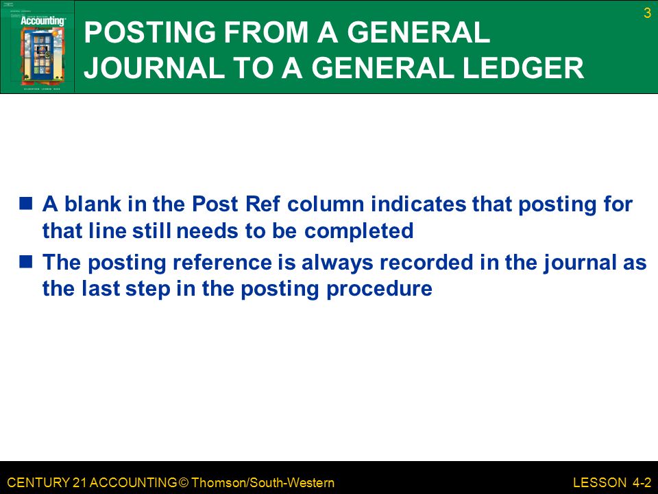 CENTURY 21 ACCOUNTING © Thomson/South-Western 3 LESSON 4-2 POSTING FROM A GENERAL JOURNAL TO A GENERAL LEDGER A blank in the Post Ref column indicates that posting for that line still needs to be completed The posting reference is always recorded in the journal as the last step in the posting procedure