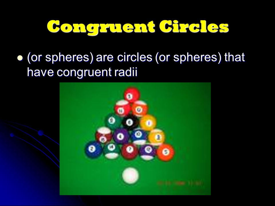 Congruent Circles (or spheres) are circles (or spheres) that have congruent radii (or spheres) are circles (or spheres) that have congruent radii