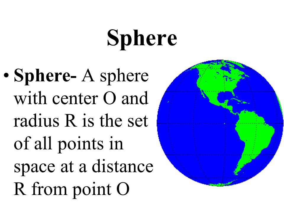 Sphere Sphere- A sphere with center O and radius R is the set of all points in space at a distance R from point O