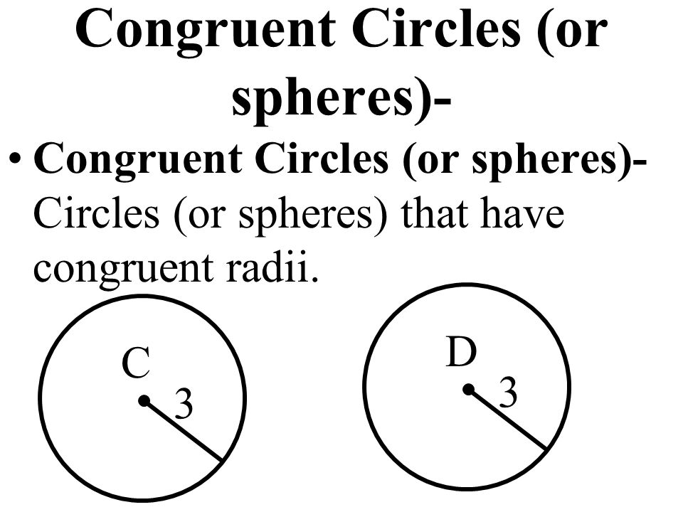 Congruent Circles (or spheres)- Congruent Circles (or spheres)- Circles (or spheres) that have congruent radii.