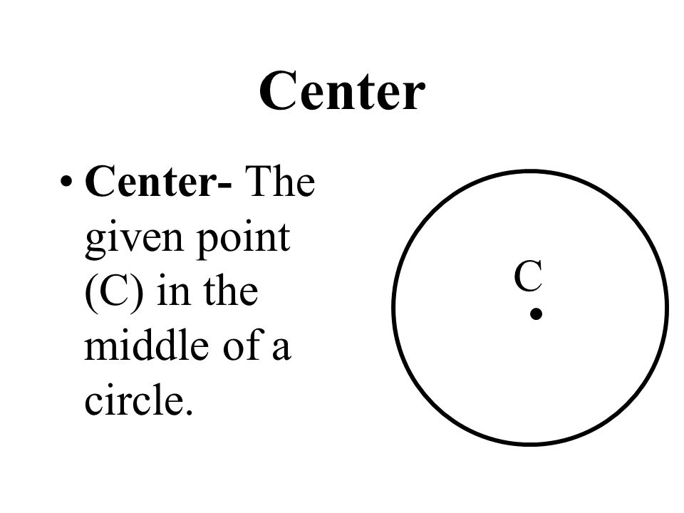 Center Center- The given point (C) in the middle of a circle. C