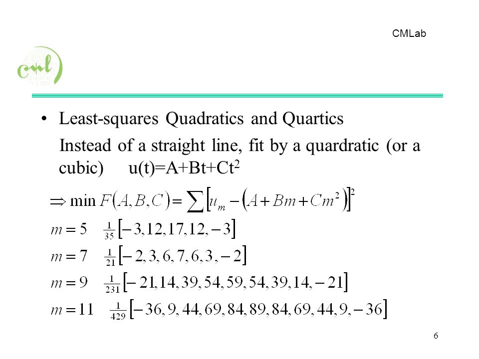 CMLab 6 Least-squares Quadratics and Quartics Instead of a straight line, fit by a quardratic (or a cubic) u(t)=A+Bt+Ct 2
